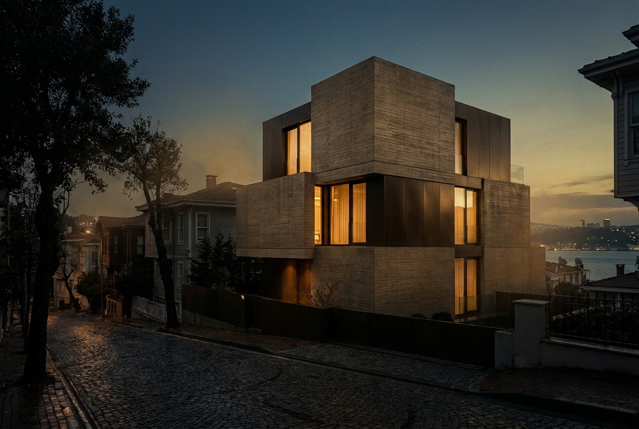 Meridyen Evi: akşam ışığında modern konut cephesi